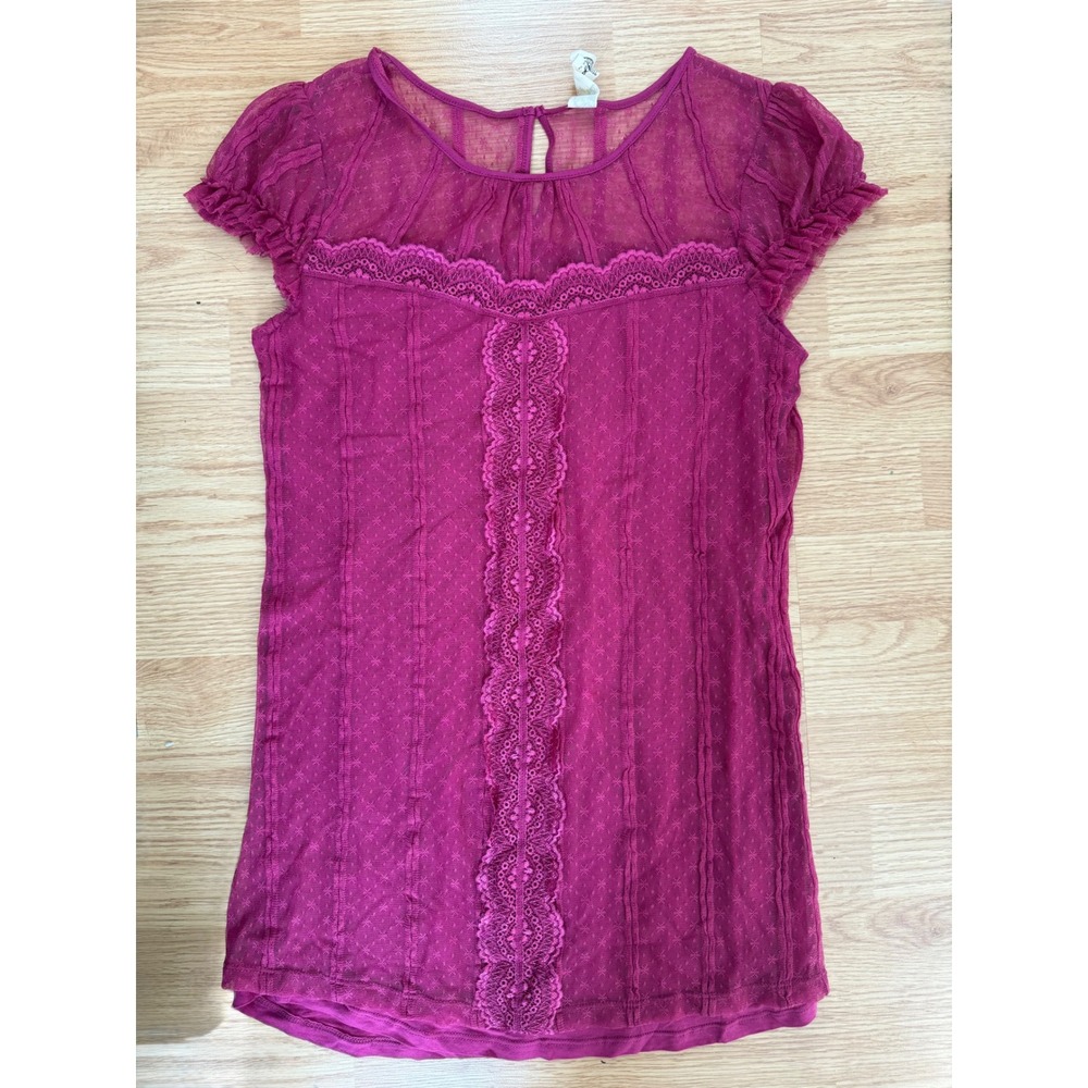 Free People Magenta Lace Trim Short Sleeve Blouse